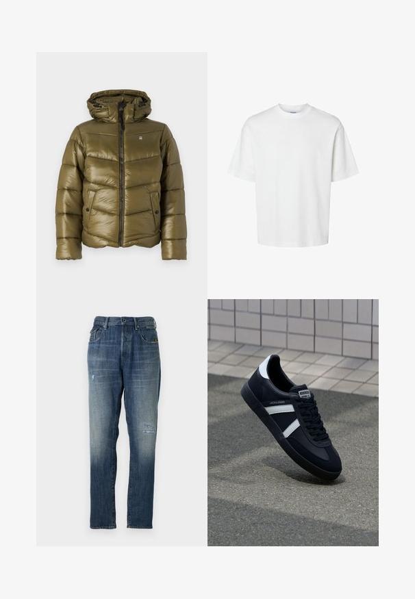 Maslinasto zeleni pufer jakna s patentnim zatvaračem sprijeda, kapuljačom i horizontalnim kvadratnim uzorkom. Ima dva bočna džepa s dugmadi.; Bijela pamučna majica kratkih rukava, s okruglim izrezom i opuštenim krojem. Glatka tekstura bez vidljivih uzoraka ili ukrasa.; Traperice u izblijedelo plavoj boji, ravnog kroja, s umjerenim oštećenjima sprijeda i klasičnim pet džepovima.; Crne kožne tenisice s bijelim prugama, strukturirana gumena potplate i vezanjem sprijeda. Ima oznaku brenda na jeziku.