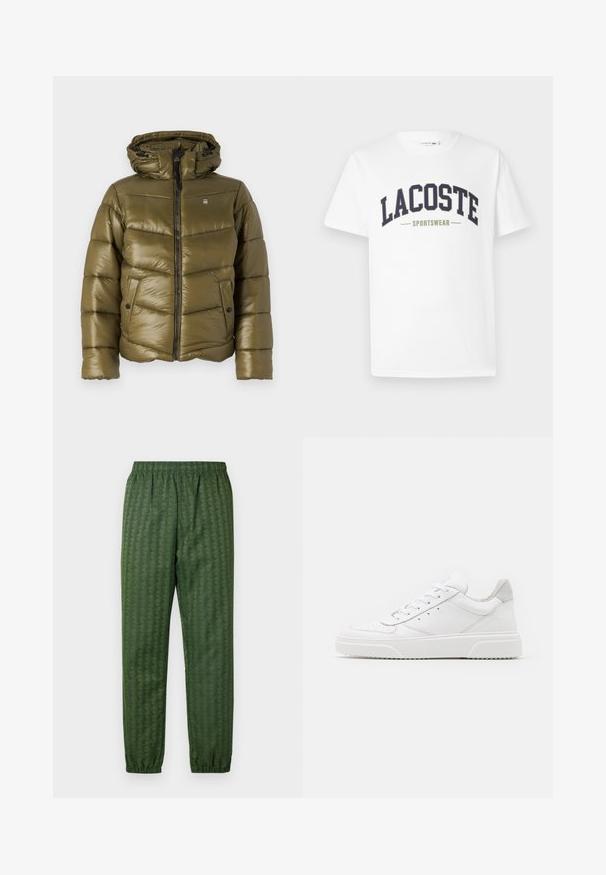 Olive green puffer jacket with a zippered front, hood, and horizontal quilted pattern. Features two side pockets with button closures.; White t-shirt made of cotton featuring a navy and olive green "LACOSTE SPORTSWEAR" logo printed across the chest in a curved design.; Green patterned athletic pants with an elastic waistband, tapered legs, and a geometric design feature throughout. Made of lightweight material.; White leather sneakers with a smooth finish, rounded toe, flat laces, and a textured sole. Grey suede accent at the heel.
