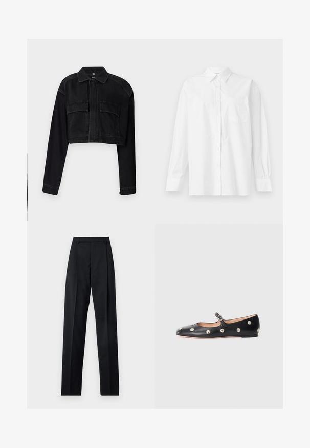 Must mustriba denim jakk, millel on pikad varrukad, ees lukuga sulgemine ja kaks rinna taskut. Omab kontrastset õmblustööd ja klassikalist kraediaini.; Valge pika varrukaga särk, mis on valmistatud puuvillast, klassikalise krae, nööbiga kinnituse ja vasakul küljel oleva ühe rinnataskuga.; Mustad püksid siledast kangast, millel on kõrge vöökoht, laiad jalad, esimesed kortsud ja klassikalised vööloopid. Küljepockets pole nähtavad.; Must naar mustast valmistatud Mary Jane lamedad jalanõud, ümarate varvastega, hõbedaste ümmarguste nupukestega ja reguleeritava rihmaga, millel on klamber.