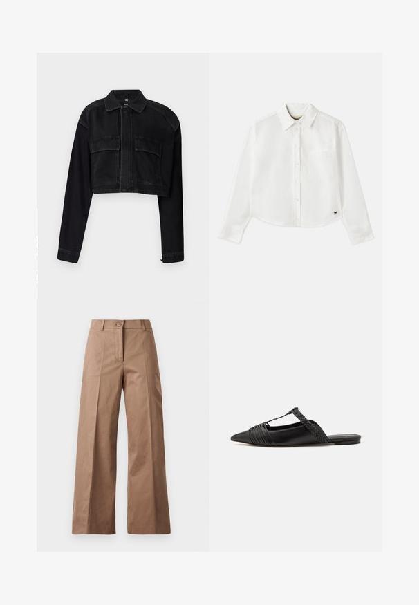 Must mustriba denim jakk, millel on pikad varrukad, ees lukuga sulgemine ja kaks rinna taskut. Omab kontrastset õmblustööd ja klassikalist kraediaini.; Valge lühikesed varrukad puuvillane särk. Omab nööbiga esist, rinna taskut ning väikest musta logo all vasakul.; Pruunid lai jalgadega püksid, mis on valmistatud siledast kangast, esise nööbiga kinnitusega, kahte esist taskut ja puhtaid, vormitud jooni.; Must kuulsad nahast kandadega kingad, millel on terav nina, koos kootud detaili ja volditud ülaosaga. Lame tald minimaalse riistvaraga.