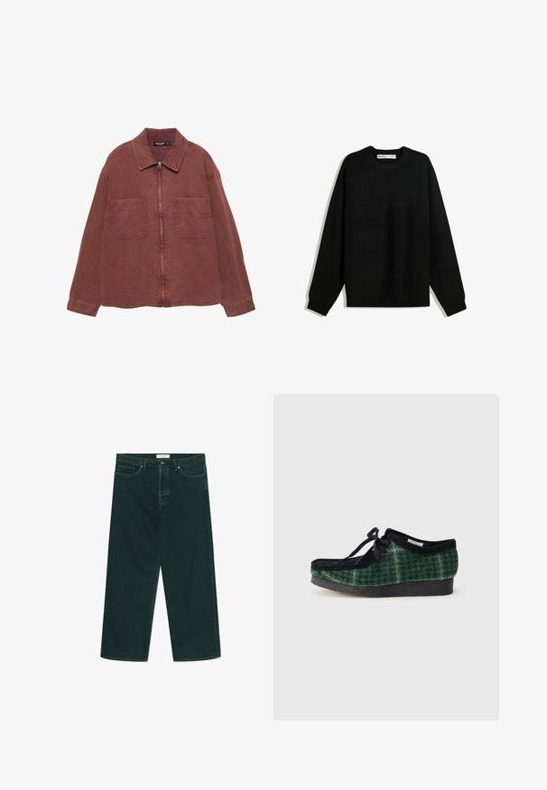 Hnědá zipová bunda s dvěma velkými předními kapsami, límcem a dlouhými rukávy, vystavená na bílém pozadí.; Černý pletený svetr s kulatým výstřihem, spadlými rameny a žebrovanými manžetami a lemem. Disponuje texturovanou látkou pro teplo.; Tmavě zelené široké denimové džíny s knoflíkovým a zipovým zapínáním, předními kapsami a poutky na opasek, položené na bílé ploše.; Zelené a černé vzorované boty s nubukovým svrškem, kulatou špičkou, šňůrkami a texturovanou gumovou podrážkou.