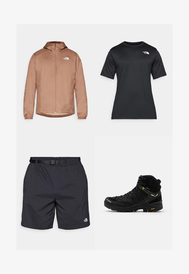 Bruine lichtgewicht jas met een capuchon, ritssluiting aan de voorkant, elastische manchetten en een wit logo aan de bovenlinkerkant. Glad, waterafstotend materiaal.; Zwart T-shirt met korte mouwen, gemaakt van lichtgewicht, vochtafvoerende stof. Heeft een wit logo op de linkerborst en een ronde halslijn.; Zwarte lichtgewicht shorts met een ontspannen pasvorm, voorzien van een verstelbare riem, zijzakken en het North Face-logo op de onderste rechterpijp.; Zwarte wandelschoen met een gestructureerde bovenkant, verstevigde neus en Vibram-zool. Het vetersysteem bevat haken voor een veilige pasvorm.