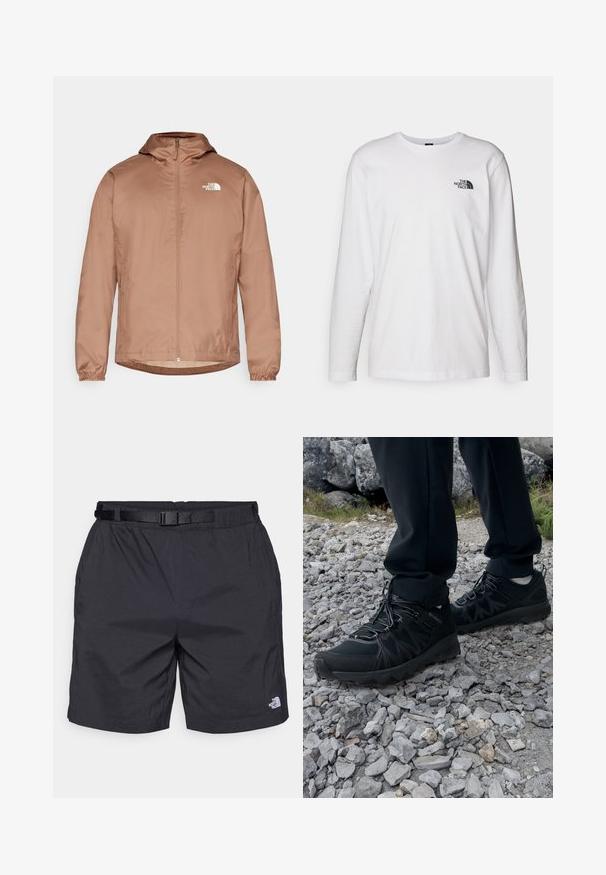 Giacca leggera marrone con cappuccio, chiusura frontale con zip, polsini elasticizzati e logo bianco sul lato superiore sinistro. Materiale morbido e resistente all'acqua.; T-shirt bianco a maniche lunghe in cotone con colletto rotondo. Presenta un piccolo logo nero sul petto. Texture liscia, vestibilità regolare.; Pantaloni corti neri leggeri con una vestibilità comoda, dotati di una cintura regolabile, tasche laterali e il logo The North Face sulla parte inferiore della gamba destra.; Scarpe da esterni nere realizzate in mesh e materiale sintetico, con una parte superiore testurizzata, un sistema di allacciatura sicuro e una suola robusta, su terreno roccioso.