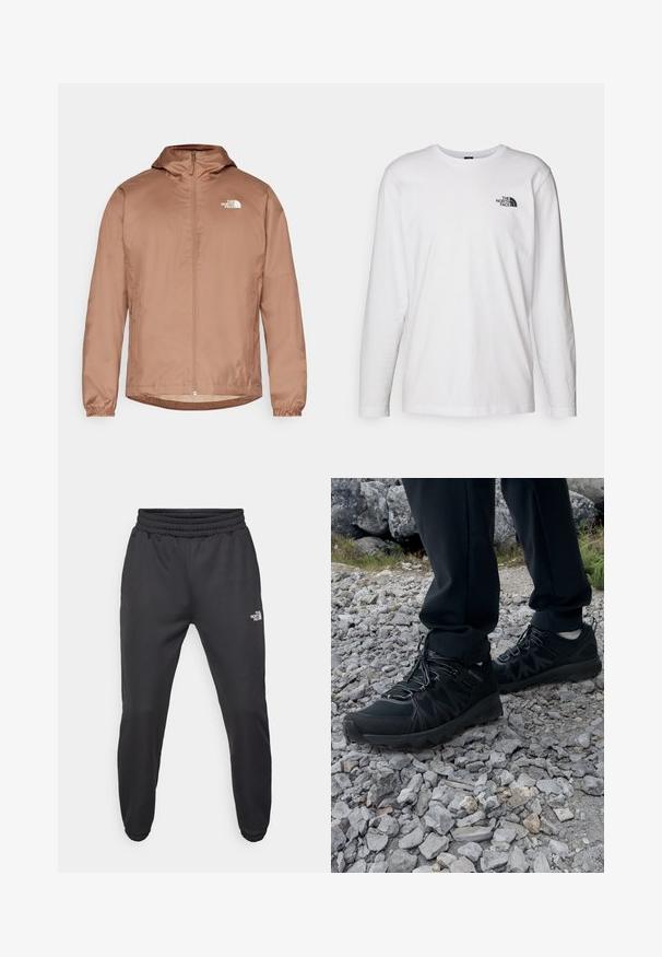 Brown lightweight jacket with a hood, front zip closure, elastic cuffs, and white logo on the upper left side. Smooth, water-resistant material.; White long-sleeve T-shirt made of cotton with a crew neck. Features a small black logo on the chest. Smooth texture, regular fit.; Black sweatpants with a drawstring waist, tapered fit, elastic cuffs, and a small white logo on the left thigh, made from smooth fabric.; Black outdoor shoes with mesh and synthetic material, featuring a textured upper, secured lacing system, and a rugged outsole, on rocky terrain.