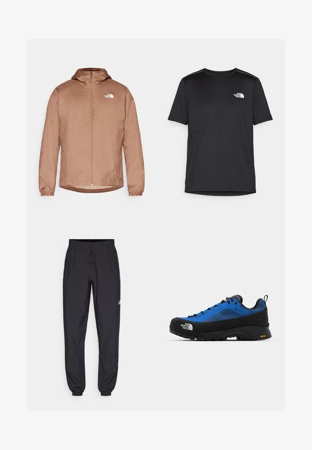 Rjava lahka jakna s kapuco, sprednjim zadrgo, elastičnimi manšetami in belim logotipom na zgornji levi strani. Gladek, vodoodporen material.; Črna kratkosleevena majica iz lahkotnega materiala. Ima majhen bel logo na levem prsnem delu in diskretne poudarke na ramenskem predelu.; Črne atletske hlače iz lahkega materiala, ki imajo elastični pas z vezalko, stranske žepe in zožene manšete na gležnjih.; The North Face VERTO ALPINE GORE TEX - Pohodniški čevlji - hero blue/tnf black