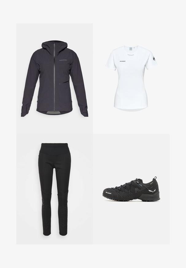 Peak Performance COMMUTER HIPE - Regenjacke / wasserabweisende Jacke - black; Kurzärmliges weißes Sportshirt mit Rundhalsausschnitt, das ein Logo auf der Brust und eine glatte, leichte Stofftextur aufweist.; Schwarze Sportleggings mit hohem Bund, glatter Textur, Logodetail und seitlichen Paneelen für zusätzlichen visuellen Reiz.; Schwarze Wanderschuhe mit einem strukturierten Obermaterial aus Stoff, Schnürsystem und robuster Gummisohle. Akzentuiert mit reflektierenden Details und Logos.