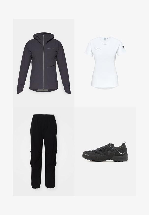 Peak Performance COMMUTER HIPE - Regenjacke / wasserabweisende Jacke - black; Kurzärmliges weißes Sportshirt mit Rundhalsausschnitt, das ein Logo auf der Brust und eine glatte, leichte Stofftextur aufweist.; Schwarze Outdoor-Hosen aus langlebigem Material, mit lockerer Passform, elastischem Bund und verstellbaren Bündchen für variable Längen.; Schwarze Wanderschuhe mit einem strukturierten Obermaterial aus Stoff, Schnürsystem und robuster Gummisohle. Akzentuiert mit reflektierenden Details und Logos.