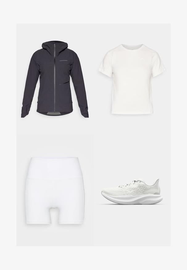 Peak Performance COMMUTER HIPE - Veste imperméable - black; T-shirt léger blanc à manches courtes, col rond et avec un petit logo dans le coin supérieur gauche. Tissu lisse avec un léger éclat.; Shorts blancs taille haute en tissu extensible. Fabriqués avec une texture lisse et un design ajusté, sans motifs ni accessoires supplémentaires.; Baskets de sport blanches avec une tige texturée, un design à lacets et une semelle rembourrée au profil ondulé. Marquage subtil sur le côté.
