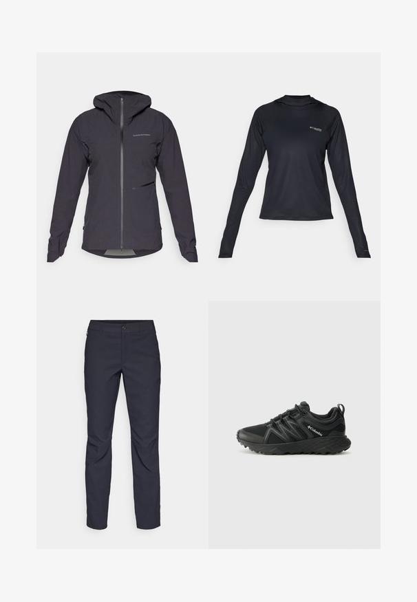 Peak Performance COMMUTER HIPE  - Regnjakke / vandafvisende jakker - black; Sort langærmet atletisk skjorte lavet af letvægts, åndbart stof. Har en rund halsudskæring og Columbia-logoet på forsiden.; Mørkeblå bukser lavet af glat stof, med en frontknaplukning, tætsiddende design og pressefolder ved knæene.; Columbia PEAKFREAK - Hikingsko - black