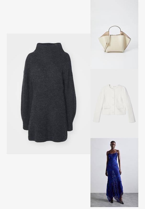 Balta īsā jaka, izgatavota no teksturēta auduma, ar apaļu kakla izgriezumu, garām piedurknēm, divām priekšējām kabatām un dekoratīvām pogām.; Tumši pelēks augstais kakls džemperis, izgatavots no teksturētas dzijas, ar garām piedurknēm un brīvu piegriezumu ar nedaudz uzplestu apakšmalu.; Zila un violeta dzīvnieku raksta maxi kleita ar plāniem plecu siksnām, pieguļošu augumu, izplestu apakšdaļu un caurspīdīgu dekoratīvo kārtu.; Ree Projects ANN - Rokassoma - beige