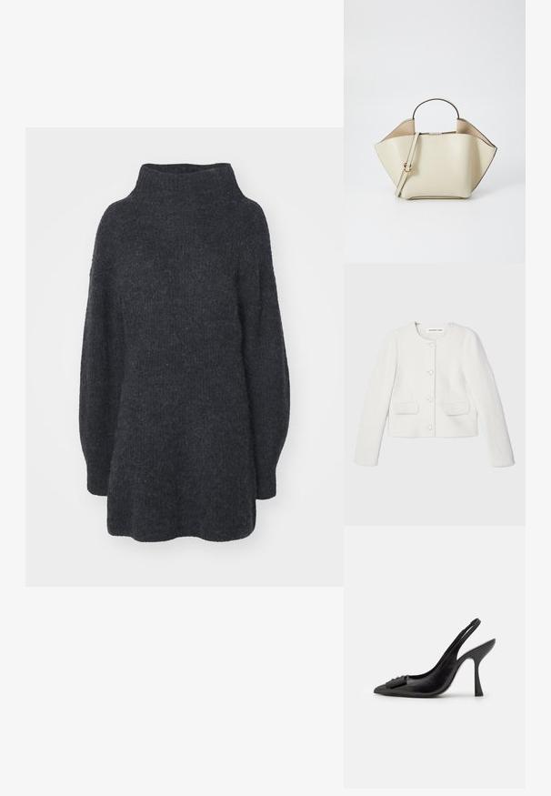 White cropped jacket made of textured fabric, featuring round neckline, long sleeves, two front pockets, and decorative buttons.; Dark gray turtleneck sweater made of a textured knit material, featuring long sleeves and a loose-fit design with a slightly flared hem.; Black leather slingback shoe with a pointed toe, slim high heel, and a decorative bow accent. Smooth texture and sleek design.; Ree Projects ANN - Handbag - beige