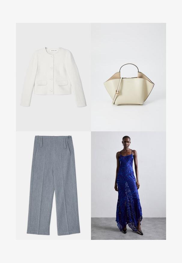 Jaket alb scurt, realizat din țesătură texturată, cu guler împărtit, mâneci lungi, două buzunare frontale și nasturi decorativi.; Două topuri cu mânecă scurtă, ajustate, în negru și alb. Realizate din bumbac striat, acestea au curele late și decolteuri rotunde. Branding pe guler.; Pantaloni gri deschis, cu picioare largi, dintr-un material texturat, având două plii frontale și două buzunare laterale. Design curat, croit.; Rochie maxi cu imprimeu de animale în nuanțe de albastru și violet, cu bretele subțiri, corset strâns, tiv evazat și detalii de voal transparent.; Ree Projects ANN - Geantă de mână - beige