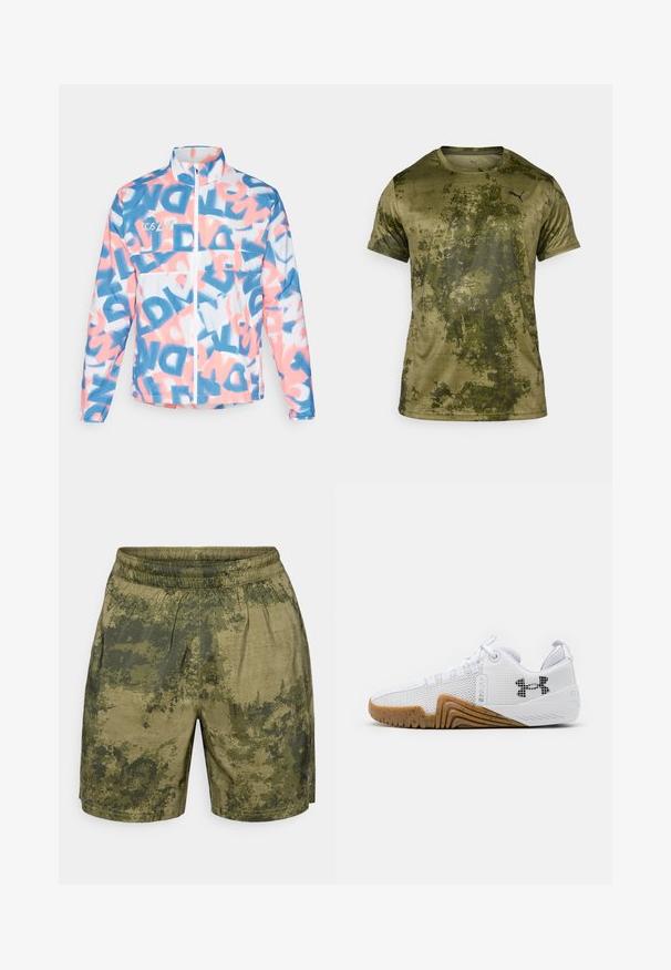 Větruvzdorná bunda s modro-růžovým abstraktním vzorem, vyrobená z lehkého materiálu, s celopropínacím zipem a vysokým límcem.; Krátký rukáv sportovního trička v olivově zelené barvě s texturovaným, vzorovaným povrchem. Obsahuje malé černé logo na levé horní části hrudi.; Kraťasy s maskáčovým vzorem v odstínech zelené, vyrobené z lehkého materiálu s elastickým pasem a volným střihem.; Bílé sportovní boty svršek z prodyšné síťoviny, gumová podrážka v barvě gumy, texturované detaily a černé logo na boku.