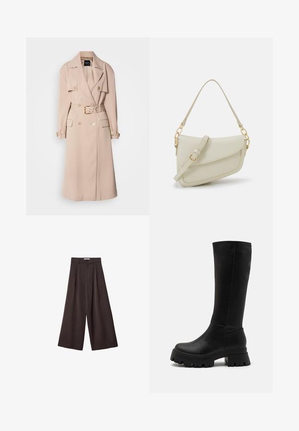 Beige Trenchcoat mit einem doppelt geknöpften Design, breiten Revers, Taillengürtel und seitlichen Taschen. Mit goldfarbenen Beschlägen und einer glatten Textur.; Weißer Strickpullover mit einem halben Reißverschluss-Kragen, weiten Ärmeln und einem gerippten Saum. Verfügt über einen strukturierten Stoff für zusätzliche Dimension.; Schwarze, weit geschnittene Hose mit hoher Taille, ausgestattet mit vorderen Falten und einem Knopfverschluss an der Taille, aus glattem Stoff gefertigt.; Schwarze knielange Stiefel aus Kunstleder, mit einer robusten Gummisohle mit tiefen Rillen, glatter Oberfläche und minimalen Nähdetails.; Kleine cremefarbene Handtasche mit strukturiertem Finish, einem langen verstellbaren Tragegurt, einem Kettenakzent und einem Klappenverschluss. Goldene Hardware-Details.