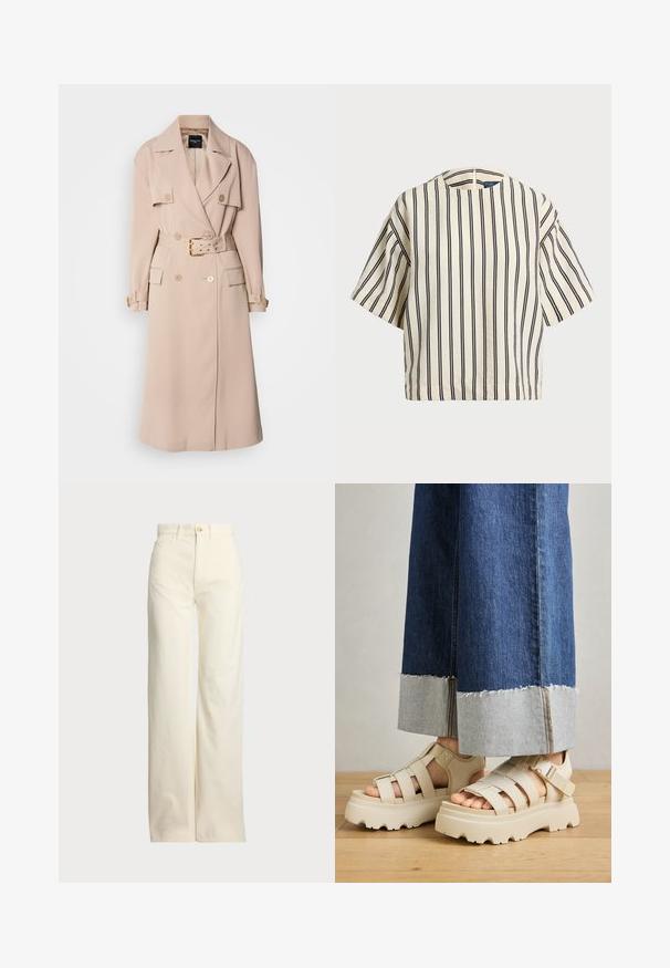 Manteau trench beige à double boutonnage, avec larges revers, taille ceinturée et poches latérales. Présente des détails en métal doré et une texture lisse.; T-shirt à manches courtes, rayé crème et marine, présentant un col rond et un design boxy avec un tissu texturé.; Polo Ralph Lauren COTTON CORDUROY WIDE-LEG PANT - Pantalon classique - warm white; Des sandales à plateforme beiges avec de épais semelles présentent un design à lanières et des sangles de cheville réglables. Portées avec un pantalon en denim à jambes larges, un ourlet est effiloché.