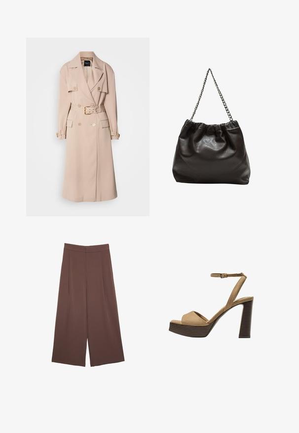 Beige Trenchcoat mit einem doppelt geknöpften Design, breiten Revers, Taillengürtel und seitlichen Taschen. Mit goldfarbenen Beschlägen und einer glatten Textur.; Braunes Baumwoll-T-Shirt mit kurzen Ärmeln und tiefem V-Ausschnitt. Einfaches Design, weiche Textur und gerade Saumlinie. Keine Muster oder Akzente.; Braune Weite-Leg-Hosen mit einer glatten Textur, hoher Taille und Vorderfalten. Der Stoff ist leicht und fällt locker.; Beige Wildleder-Pumps mit hohem Absatz, breitem Vorderband und Knöchelriemen, ausgestattet mit einem klobigen Holzblockabsatz mit strukturiertem Finish.; Braune Lederhandtasche mit gerafftem Oberteil und Kettenriemen. Glatte Textur mit glänzendem Finish und subtilen Nahtdetails an den Seiten.