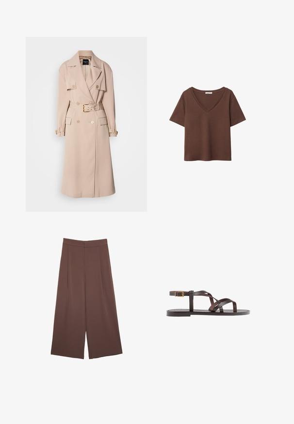 Beige trenchcoat met een dubbele knoopsluiting, brede revers, ceintuur in de taille en zijzakken. Voorzien van goudkleurige hardware en een gladde textuur.; Bruine katoenen t-shirt met korte mouwen en een diepe V-hals. Eenvoudig ontwerp, zachte textuur en rechte zoom. Geen patronen of accenten.; Bruine wijde broek met een gladde textuur, voorzien van een hoge taille en plooien aan de voorkant. De stof is lichtgewicht en valt losjes.; Bruine leren sandaal met kruisingen van banden, een enkelgesp-sluiting en een platte zool met minimale stikdetails.
