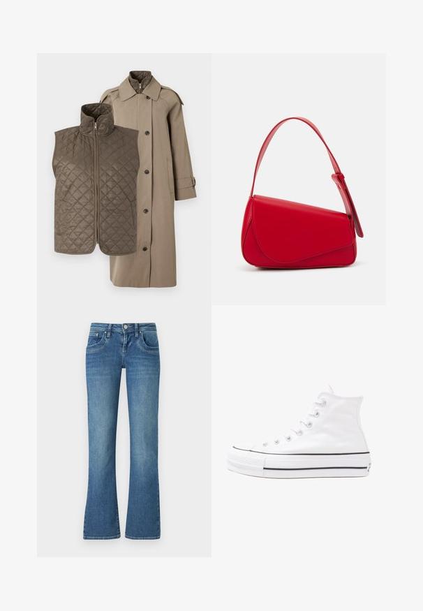 Bež plašč s prešito, temno rjavo zip vestom. Vest ima diamantski vzorec; plašč ima koničast ovratnik in sprednje gumbe.; Cvetna bluzica z dolgimi puff rokavi, svetlo smetanaste barve, s purpurnimi, oranžnimi in zelenimi cvetličnimi vzorci ter klasičnim ovratnikom.; Svjetloplave traperice s flared krojem, izrađene od denima, s pet džepova, kontrastnim šavovima i dugmetom za zatvaranje u struku.; Beli visoki platneni športni čevelj z črnim gumijastim podplatom, sprednjim gumijastim zaščitnikom za prste in šestimi luknjicami za vezalke, ki se ponaša s preprostim, minimalističnim dizajnom.; Rdeča usnjena torba z angularnim, geometrijskim dizajnom. Ima en samostoječ nastavljiv ročaj in pokrov, zaprt z zapiranjem, ki je okrašen s šivi.