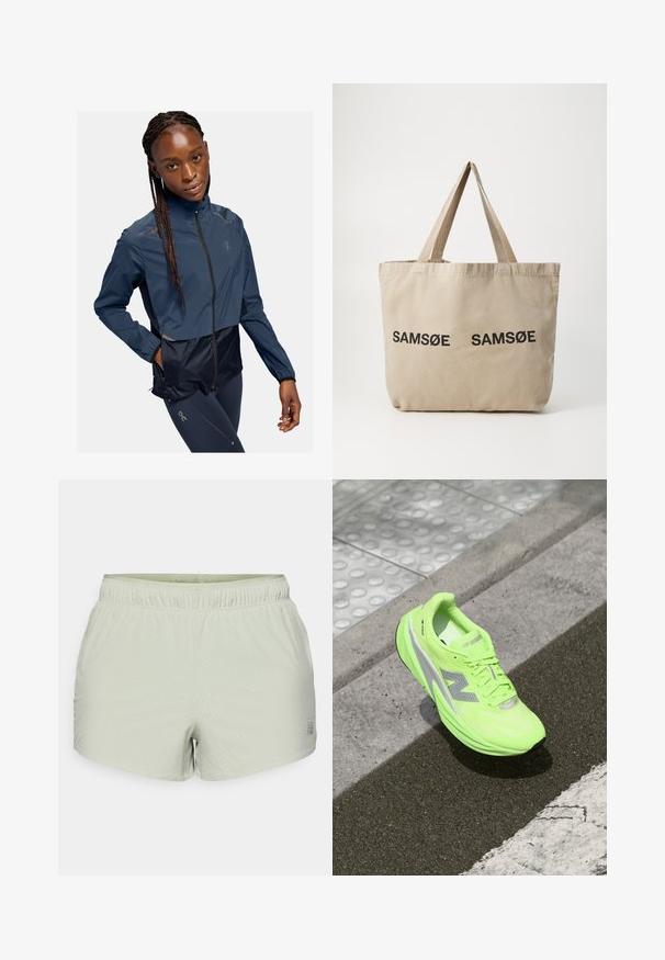 Marineblå vindjakke med et cropped design, der har lynlåslukning, lange ærmer og reflekterende detaljer. Materialet ser glat og letvægtigt ud.; Langærmet lysegrøn skjorte lavet af tekstureret stof, med en rund halsudskæring og et lille logo på venstre bryst.; Lys grønne atletiske shorts lavet af åndbart stof, med perforeret tekstur og elastisk talje. Logo trykt på siden.; Lysende neongrøn New Balance løbesko hviler på struktureret asfalt nær en taktil gangflade og kantstenen.; Beige canvas indkøbstaske med to sorte trykte "SAMØE" logoer. Har holdbare beige skulderremme og et simpelt, ustruktureret design.