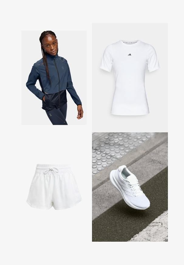 Merinovalkoinen tuulenpitävä takki, jossa on lyhennetty malli, vetoketjukiinnitys, pitkät hihat ja heijastavat yksityiskohdat. Materiaali vaikuttaa sileältä ja kevyeltä.; Valkoinen urheilupaita lyhyillä hihoilla, valmistettu sileästä ja joustavasta kankaasta. Rinnassa on pieni musta Adidas-logo.; Valkoiset urheilushortsit, joissa on joustava vyötärö ja säädettävä nyöri. Kevyestä materiaalista valmistettu, sivutaskut ja väljä istuvuus.; Valkoiset urheilukengät, joissa on verkkopinta, nauhakiinnitys ja teksturoitu pohja. Huomaamaton brändäys ja saumatonta rakennetta korostavat yksityiskohdat.