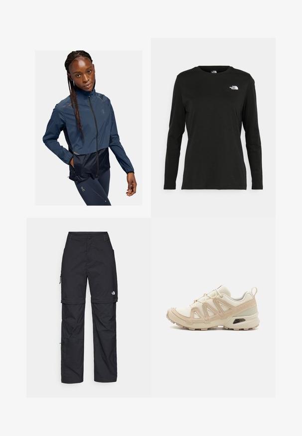 Marineblå vindjakke med et cropped design, der har lynlåslukning, lange ærmer og reflekterende detaljer. Materialet ser glat og letvægtigt ud.; Sort langærmet t-shirt lavet af bomuld med rund hals. Har et lille hvidt logo på venstre brystområde. Enkel design og pasform.; Sorte nylon cargo bukser med lynlås, justerbare manchetter, flere lommer og et logo på højre ben. Glat, let tekstur.; Beige og creme atletiksko med struktureret mesh-overdel, støttende overlays og gummiyderside med et mønster for trækkraft.