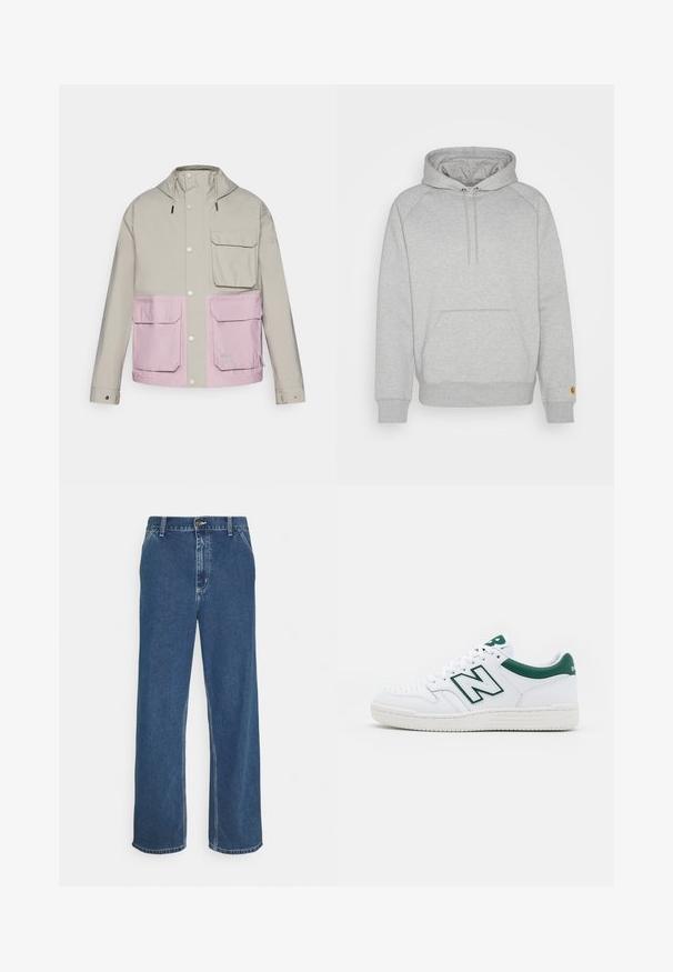 Giacca impermeabile grigia chiara con una parte inferiore rosa, due tasche anteriori e cappuccio; dotata di bottoni a pressione e cordini regolabili.; Felpa grigia con cappuccio e tasca a marsupio, con polsini e orlo ribattuti, caratterizzata da una patch logo sulla manica sinistra. Tessuto morbido.; Jeans in denim blu con taglio dritto, design a cinque tasche, chiusura con bottone metallico e cuciture visibili lungo le cuciture e l'orlo.; Sneaker bianco con accenti verdi, tomaia in pelle, punta perforata, chiusura con lacci e suola in gomma testurizzata. Presenta un logo "N" ben visibile.