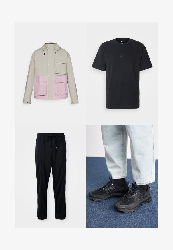 Light gray waterproof jacket with a pink lower section, two front pockets, and a hood; features snap buttons and adjustable drawstrings.; Nike black cotton t-shirt with a classic crew neck, short sleeves, and a subtle, embossed logo on the chest. Smooth texture.; Black drawstring waist casual pants with side seam pockets and straight leg cut on a plain background.; Black athletic shoes with textured fabric and rubber soles, featuring elastic laces and a blue accent on the heel. Worn with light denim pants.