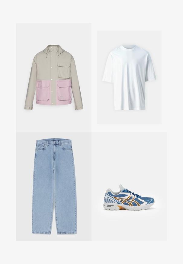 Lichtgrijze waterdichte jas met een roze ondergedeelte, twee voorzakken en een capuchon; beschikt over drukknoopsluitingen en verstelbare trekkoorden.; Witte korte mouwen t-shirt van zacht katoen. Heeft een ronde halslijn, een relaxte pasvorm en een gladde textuur. Geen zichtbare patronen of accenten.; Lichtblauwe denim jeans met een recht model, voorzien van een middelhoge taille, vijf zakken en een knoop- en ritssluiting.; Blauwe sportshoe met een bovenwerk van mesh, witte en oranje accenten, gevoerde tussenzool en een getextureerde rubberen buitenzool. Heeft een vetersluiting.