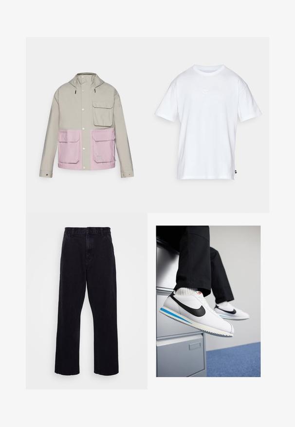 Hele halli veekindel jakk roosa alumise osaga, kahe esikäe taskuga ja kapuutsiga; varustatud nööbiplokiga ja reguleeritavate nööridega.; Valge puuvillane t-särk lühikeste varrukatega ja ümmarguse kaelusega. Sellega on kaasas väike, tagasihoidlik Nike logo rinnal ja külgmine silt.; Mustad denimitüüpi püksid otse lõikega, varustatud nööbi ja tõmbluku kinnitusega, vöörihmadega ning minimaalsete õmbluse detailidega.; Valged nahast tossud musta Nike'i logoga, helesinise ja halli kummist tallaga ning klassikalise lipsuvariantiga. Jalad restingud dokumendikapil.