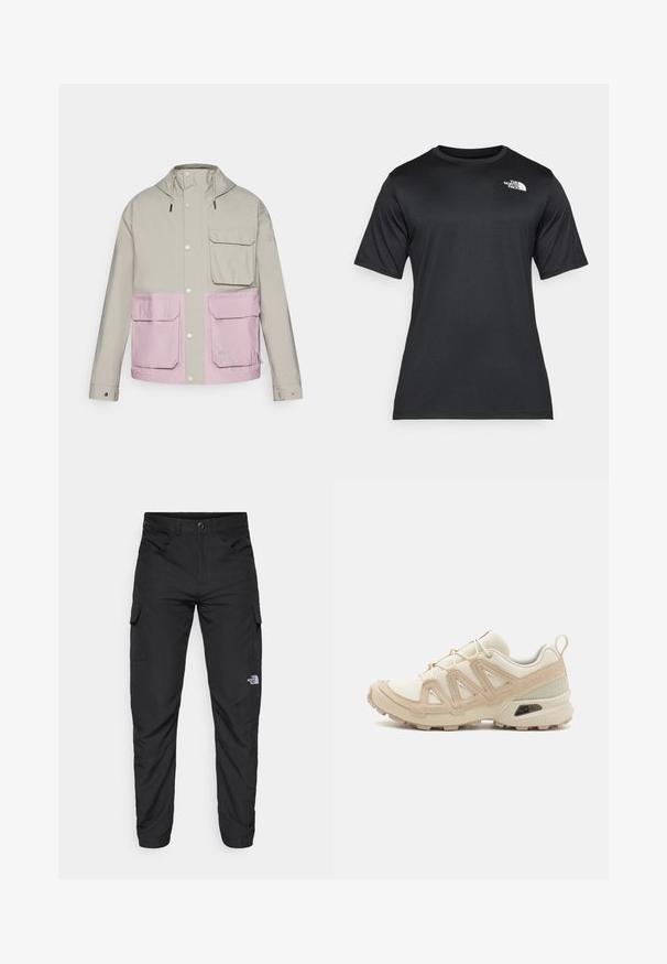 Svetle šedá nepromokavá bunda s růžovou spodní částí, dvěma předními kapsami a kapucí; obsahuje patentky a nastavitelné stahovací šňůrky.; Černé tričko s krátkým rukávem vyrobené z lehkého, vlhkost-odvádějícího materiálu. Obsahuje bílé logo na levé hrudi a kulatý výstřih.; The North Face HORIZON PANT - Outdoorové kalhoty - black; Béžová a krémová sportovní obuv s texturovaným síťovaným svrškem, podpůrnými překryvy a gumovou podrážkou s dezénem pro lepší přilnavost.
