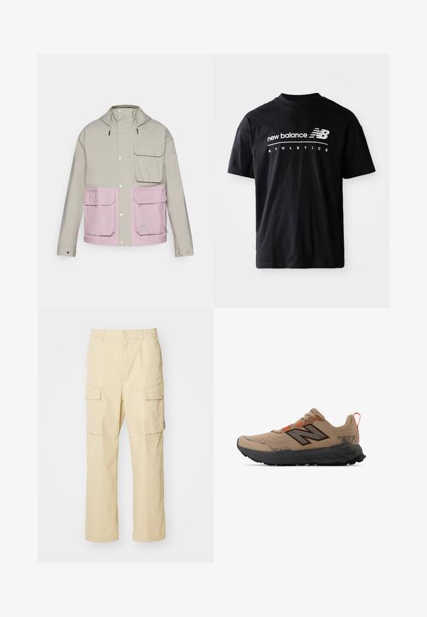 Lichtgrijze waterdichte jas met een roze ondergedeelte, twee voorzakken en een capuchon; beschikt over drukknoopsluitingen en verstelbare trekkoorden.; Zwarte katoen t-shirt met een ronde hals, korte mouwen en witte tekstgraphics van "new balance" en "ATHLETICS" op de voorkant.; Beige cargobroek van stof met een elastische tailleband en knoopsluiting. Beschikt over twee zijzakken en een eenvoudig ontwerp.; Beige sportieve schoen met zwarte details, bovenwerk van mesh, gespikkelde tussenzool en feloranje veters. Geribbeld zwarte buitenzool voor grip.