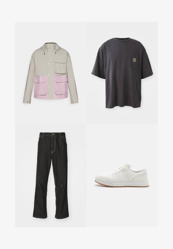 Ανοιχτό γκρι αδιάβροχο μπουφάν με ροζ κάτω τμήμα, δύο μπροστινές τσέπες και κουκούλα; διαθέτει κουμπιά με κουμπώματα και ρυθμιζόμενα κορδόνια.; Μαύρο βαμβακερό t-shirt με κοντά μανίκια, στρογγυλή λαιμόκοψη και τσέπη στο αριστερό στήθος που διαθέτει ένα τετράγωνο λογότυπο. Απλός και χωρίς στολίδια σχεδιασμός.; Μαύρα τζιν παντελόνια με χαλαρή εφαρμογή, που διαθέτουν λευκές ραφές σε αντίθεση, κλείσιμο με κουμπί και ίσια γραμμή.; Λευκά αθλητικά παπούτσια με επάνω μέρος από διχτυωτό υλικό, στρογγυλή μύτη και καουτσούκ σόλα με υφή. Διαθέτουν επίπεδες κορδόνια και διακριτική σήμανση στη φτέρνα.