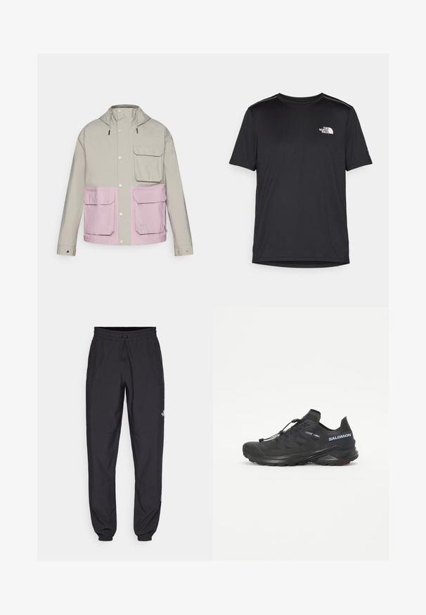 Világosszürke vízálló dzseki rózsaszín alsó résszel, két elülső zsebbel és kapucnival; patent gombokkal és állítható zsákfűzővel rendelkezik.; Fekete, rövid ujjú póló, könnyű anyagból készült. Bal mellen egy kis fehér logó található, és finom vállrész kiemelések.; Fekete sportnadrág, könnyű anyagból készült, húzózsinóros derékkal, oldalsó zsebekkel és szűkített szárakkal a bokáknál.; Fekete terepfutó cipő textúrált felsőrésszel, rugalmas fűzőkkel és Contagrip talppal. Kiemelkedő illeszkedés és védő orrborítás jellemzi.