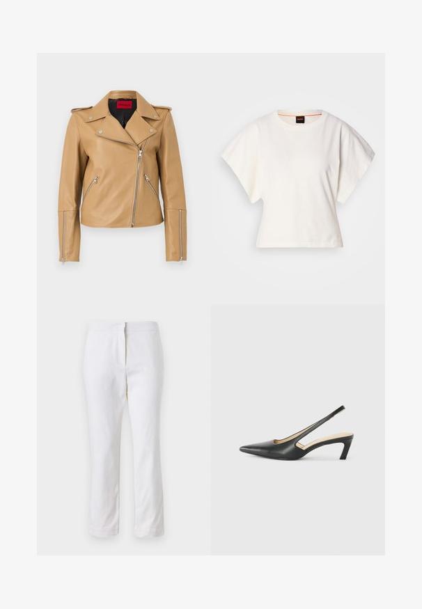 Küps tan värvi nahast mootorratturi jakk, millel on hõbedased tõmblukud, lõigatud krae ja küljetaskud. Omab kitsast disaini ja siledat tekstuuri. HUGO bränding sees.; Valge lühikeste laiadte varrukatega lühike T-särk, pehme puuvillane materjal, ümar kaelus kergelt oranži ääristusega, minimaalne disain, ilma mustrite ja graafikateta.; Valged puuvillased püksid sirge lõikega, keskmise kõrgusega vöökoht ja ilma nähtavate detailide või mustriteta. Ühtlane sile tekstuur.; Must mustaga, terav varvas, madala kontsaga sildiga king, mis on valmistatud siledast nahast ja mille küljel on lõike disain hingavuse tagamiseks.