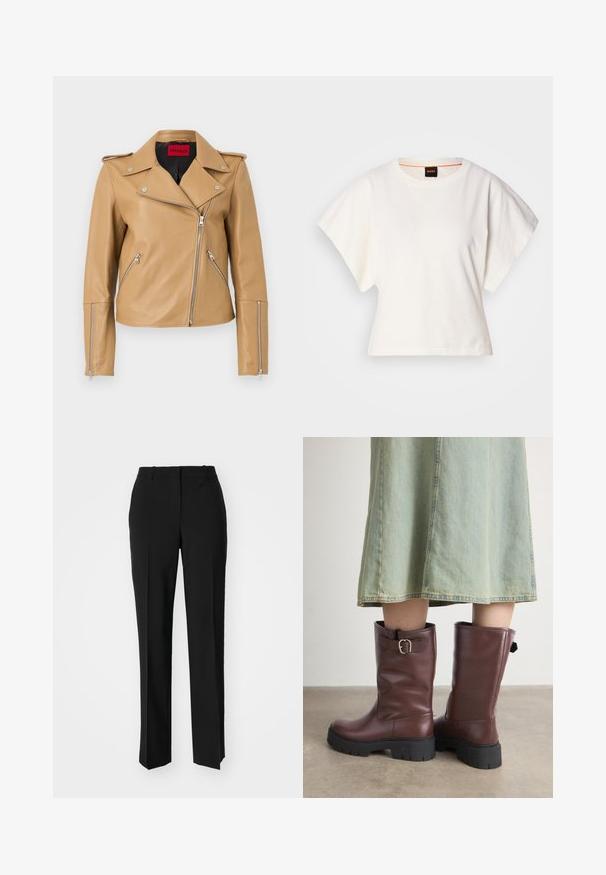 Veste de biker en cuir marron avec des zips argentés, col cranté et poches latérales. Présente une coupe ajustée et une texture lisse. Marque HUGO à l'intérieur.; T-shirt blanc cintré, manches courtes et larges, en coton doux, décolleté rond avec une discrète bordure orange, design minimaliste, sans motifs ni graphiques.; Pantalon noir ajusté avec une coupe droite, présentant une texture lisse et des plis nets sur le devant. Aucune quincaillerie visible.; Bottes en cuir marron jusqu'au genou avec une finition texturée, dotées d'un détail de boucle sur le côté et de semelles en caoutchouc noir épais.