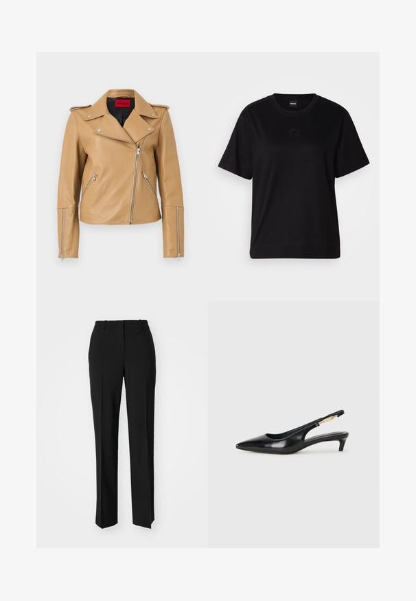 Tan leather biker jacket with silver zippers, notched collar, and side pockets. Features a fitted design and smooth texture. HUGO branding inside.; Black cotton t-shirt with a crew neckline, short sleeves, and an embroidered logo on the chest. Simple, relaxed fit with no patterns.; Black tailored trousers with a straight-leg design, featuring a smooth texture and crisp creases along the front. No visible hardware.; Black leather slingback heels with a pointed toe, featuring a slim heel and a gold-tone accent on the adjustable strap. Smooth texture.