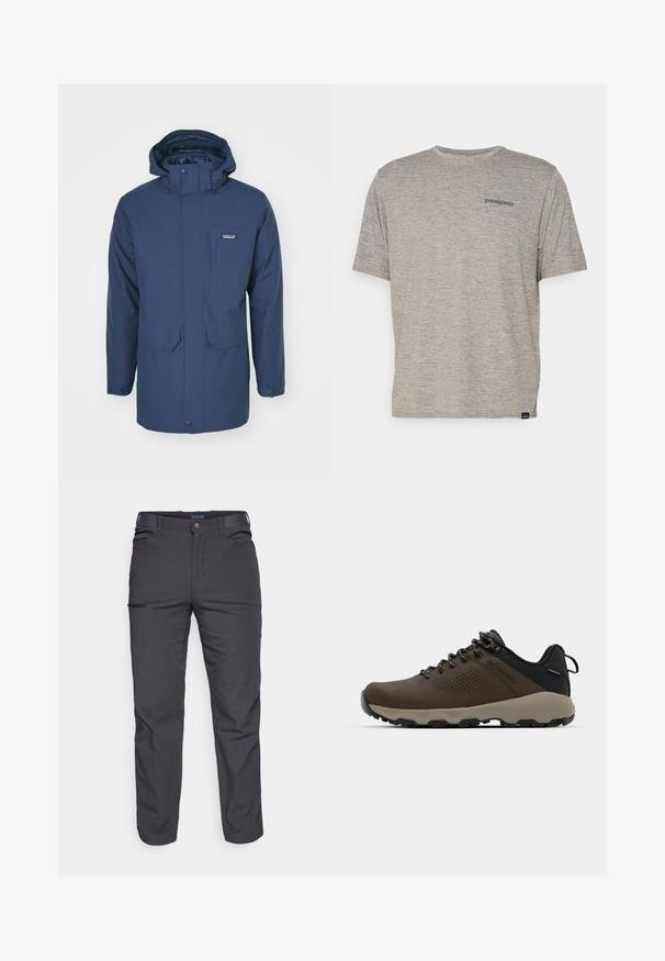 Patagonia TRES 3-IN-1 PARKA - Vinterkappa /-rock - new navy; Grå kortärmad t-shirt i mjukt, strukturerat tyg med en liten blå Patagonia-logotyp på vänster bröst. Inga ytterligare mönster.; Mörkgrå byxor i slitstarkt material, med en ficka med dragkedja, rak passform och bälteshällor för justerbar passform.; Bruna vattentåliga sneakers med en strukturerad ovandel, perforerade detaljer, svart hälstöd och en grå gummisula. Snörningen har metalliska ändar.