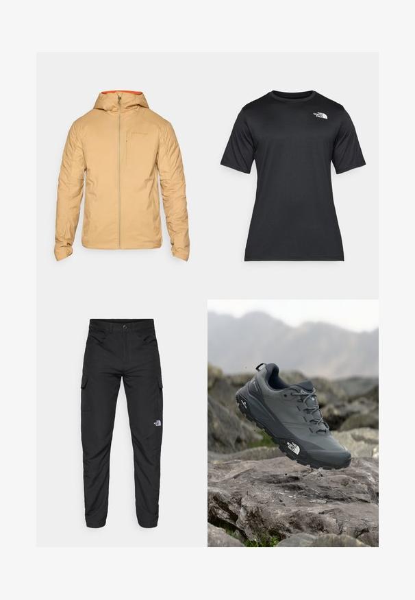 Bežna izolirana jakna s patentnim zatvaračem, podesivom kapuljačom i kontrastnom narančastom unutrašnjošću. Sadrži džep na prsima i teksturiranu tkaninu.; Crna majica kratkih rukava od lagane, prozračne tkanine koja upija vlagu. Ima bijeli logo na lijevoj strani prsnog koša i okrugli izrez.; The North Face HORIZON PANT - Hlače za otvoreno - black; Sive trail trkačka cipela s teksturiranim gornjim dijelom, izdržljivom gumenom potplatom i ojačanim vrhom. Ima vezice i logotip branda sa strane.