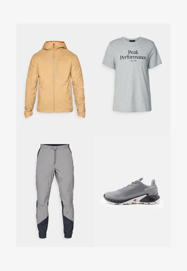 Bežna izolirana jakna s patentnim zatvaračem, podesivom kapuljačom i kontrastnom narančastom unutrašnjošću. Sadrži džep na prsima i teksturiranu tkaninu.; Sivi pamučni majica s kratkim rukavima i okruglim izrezom, s crnim natpisom "Peak Performance Est. 1986" na prednjoj strani.; Lagane, sive atletske hlače s crnim akcentima. Elastični pojas, zatvaranje na vezicu, dizajn suženih nogavica i bočne džepove.; Sive tenisice za trčanje s teksturiranim mrežastim gornjim dijelom, crno-bijelim gumenim potplatom i crvenim detaljem blizu pete. Imaju vezice i potporni dizajn.