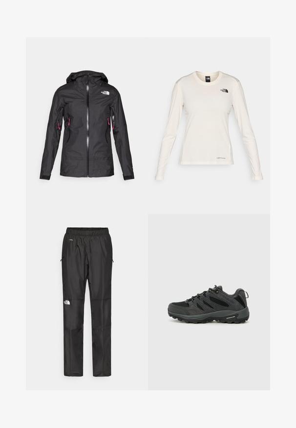 Giacca impermeabile nera con cappuccio, dotata di una chiusura frontale con zip e due tasche laterali con zip rosa. Realizzata in materiale morbido e leggero.; The North Face SHADOW LONG SLEEVE - Maglietta a manica lunga - white dune; Pantaloni impermeabili neri realizzati in tessuto leggero, dotati di cintura elastica, tasche laterali e un logo sulla gamba sinistra.; Columbia REDMOND - Scarpa da hiking - black/citron haze