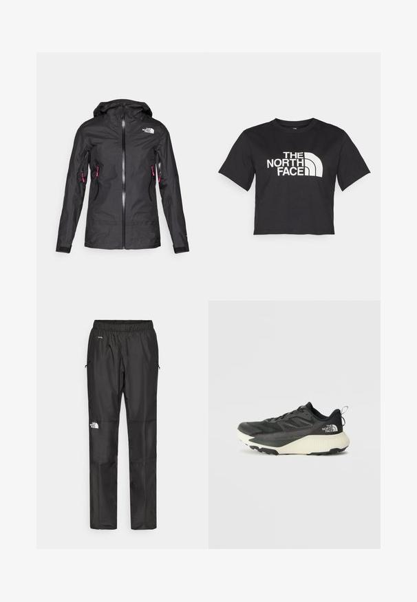 Schwarze, wasserfeste Jacke mit Kapuze, ausgestattet mit einem Frontreißverschluss und zwei Seitentaschen mit pinken Reißverschlüssen. Hergestellt aus glattem, leichtem Material.; Schwarzes, tailliertes T-Shirt aus Baumwolle mit einem weißen Logo mit geschwungenen Akzenten und dem Text "THE NORTH FACE" auf der Vorderseite. Kurze Ärmel, Rundhalsausschnitt.; Schwarze wasserdichte Hose aus leichtem Material, mit elastischem Bund, Seitentaschen und einem Logo am linken Bein.; Schwarzer Sportschuh mit strukturiertem Obermaterial, ausgestattet mit grauen Akzenten und einer weißen Zwischensohle. Enthält eine Zuglasche und ein markantes Markenlogo an der Ferse.