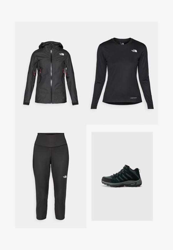 Sort vandtæt jakke med hætte, der har en frontlynlås og to sidelommer med lyserøde lynlåse. Fremstillet af glat, letvægtsmateriale.; The North Face SHADOW LONG SLEEVE - Langærmet T-shirt - black; Sorte capri leggings lavet af strækbart stof, med en høj talje og et lille hvidt logo på venstre side. Glat tekstur.; Columbia REDMOND - Hikingsko - black/citron haze