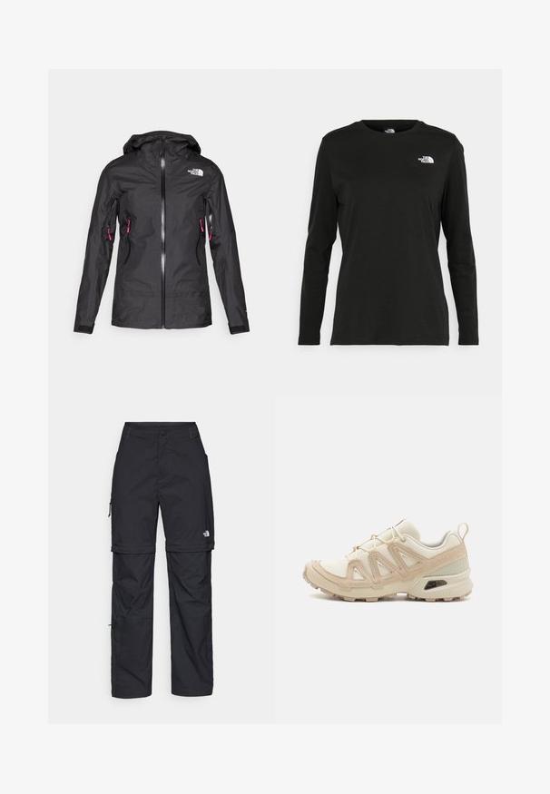 Svart vanntett jakke med hette, med frontglidelås og to sidelommer med rosa glidelåser. Laget av glatt, lett materiale.; Svart langermet T-skjorte laget av bomull med rund hals. Har en liten hvit logo på venstre brystområde. Enkelt design og passform.; Svarte nylon cargo-bukser med glidelås og justerbare mansjetter, flere lommer og en logo på høyre bein. Glatt, lett tekstur.; Beige og krem joggesko med teksturert mesh-overdel, støttende overlegg og gummisåle med et mønster for godt grep.