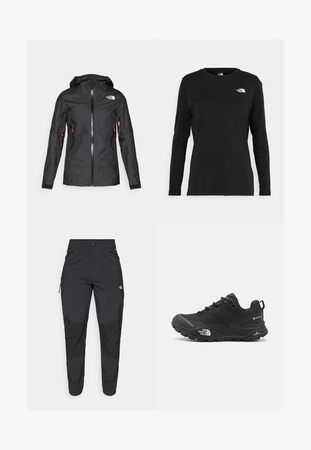 Čierna nepremokavá bunda s kapucňou, so zipsom na prednej strane a dvoma bočnými vreckami so ružovými zipsami. Vyrobená z hladkého, ľahkého materiálu.; Čierne tričko s dlhým rukávom vyrobené z bavlny s okrúhlym výstrihom. Obsahuje malé biele logo na ľavej strane hrudníka. Jednoduchý dizajn a strih.; Čierne vonkajšie nohavice vyrobené z odolného materiálu. Obsahujú vrecká na zips, zosilnené kolenné panely a rovný strih pre pohyblivosť.; Čierna turistická obuv s textúrovaným povrchom, šnurovaním a masívnou gumovou podrážkou, na strane so zreteľným logom a vzormi na protišmykovú trakciu.
