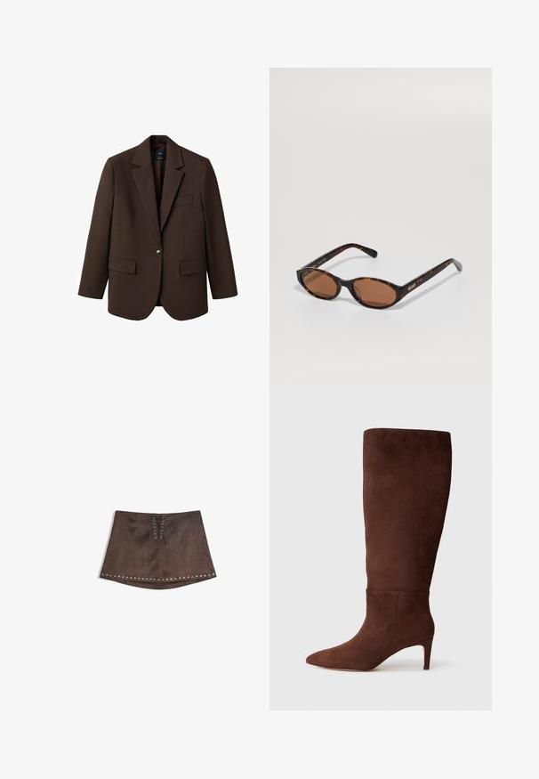 Blazer marrone con rever a punta, chiusura con un bottone, due tasche frontali e una tasca sul petto. Realizzato in tessuto morbido, con un design su misura.; Camisola in satin bianco con dettagli in pizzo lungo il collo a V, dotata di spalline sottili e regolabili e una texture liscia.; Mini gonna in finta suede marrone con dettagli in pizzo frontale e borchie argentate lungo l'orlo. Texture liscia, forma ad A e lunghezza corta.; Stivale marrone in suede, alto fino al ginocchio, con punta affusolata e tacco a stiletto. Texture liscia e design minimale. Nessun hardware o accessori visibili.; Occhiali da sole ovali tartarugati con lenti marroni, inclinati per mostrare il logo "QUAY" sulla tempia destra su uno sfondo semplice.; Borsa tote in pelle marrone effetto coccodrillo con due manici robusti, forma rettangolare e finitura lucida e liscia; presenta un dettaglio centrale a cucitura.