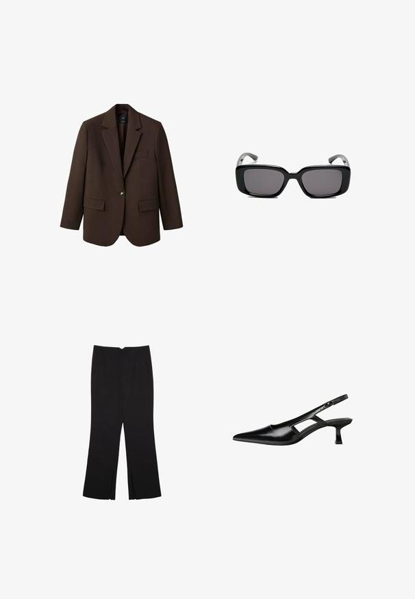 Blazer marrone con rever a punta, chiusura con un bottone, due tasche frontali e una tasca sul petto. Realizzato in tessuto morbido, con un design su misura.; Top corto senza maniche nero realizzato in tessuto liscio, con scollatura rotonda e un design pulito e semplice, privo di pattern o accessori.; Pantaloni neri a gamba dritta, con tasche frontali e spacchi laterali all'orlo. Realizzati in tessuto morbido e liscio. Adatti a diverse occasioni.; Tacchi slingback in pelle verniciata nera con punta affusolata, design con tagli laterali e tacco quadrato piccolo. Texture liscia con dettagli minimi.; Occhiali da sole neri rettangolari con lenti scure, montatura in plastica liscia e tempie curve. Il design è voluminoso con un'estetica minimalista.