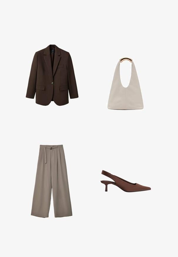 Bruine blazer met een opstaande revers, enkele knoopsluiting, twee zijzakken en een borstzak. Gemaakt van gladde stof, met een getailleerd ontwerp.; Bruine katoenen t-shirt met korte mouwen en een diepe V-hals. Eenvoudig ontwerp, zachte textuur en rechte zoom. Geen patronen of accenten.; Wijd nietenbroeken van een zachte, gedempte grijze stof, met een ceintuur in de taille en plooien voor extra ontwerpelementen. Gladde textuur, geen patronen.; Bruine slingback hak schoen met een puntige neus, gladde textuur, slanker middenhoogte hak en minimalistisch ontwerp.; Lichtgrijze leren tas met een U-vormig ontwerp en een gebogen metalen handvat. Glad oppervlak met minimale stiksels en geen zichtbare patronen.