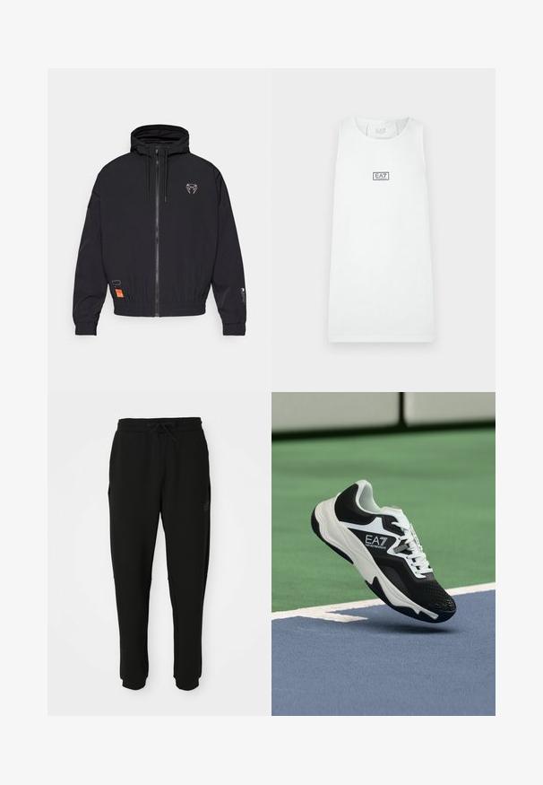 Casaco preto com fecho éclair e capuz, punhos elásticos e cordão. Apresenta um logótipo no peito e uma etiqueta laranja de lado.; Top atlético branco sem mangas com decote redondo, logótipo central EA7 Emporio Armani no peito contra um fundo simples.; Calças de fato pretas, ajustadas, com cintura elástica e cordão, bolsos laterais e tornozelos com punhos, vista frontal.; Ténis EA7 Emporio Armani a preto e branco suspenso acima das linhas azuis e verdes de um tribunal de ténis.