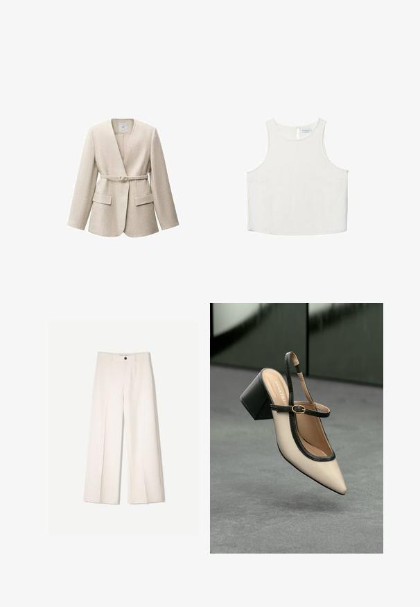 Bež jakna iz lana z dolgimi rokavi, zasnova s preklopom, zapiranje na en gumb in žepi spredaj. Gladka tekstura in minimalističen slog.; Bela brezrokavna majica z okroglim dekoltejem, ki se ponaša z diskretno teksturo, detajlom ključavnice na hrbtu in ravnim robom.; Kremne široke hlače s krojem, ki vključujejo dve sprednji žepi in en sprednji gumb za zapiranje, izdelane iz gladkega blaga.; Bež visoka petka z odprtim zadnjim delom, koničastim sprednjim delom, črnim robom in zaponko. Gladek material z mat zaključkom, srednje debela petka.