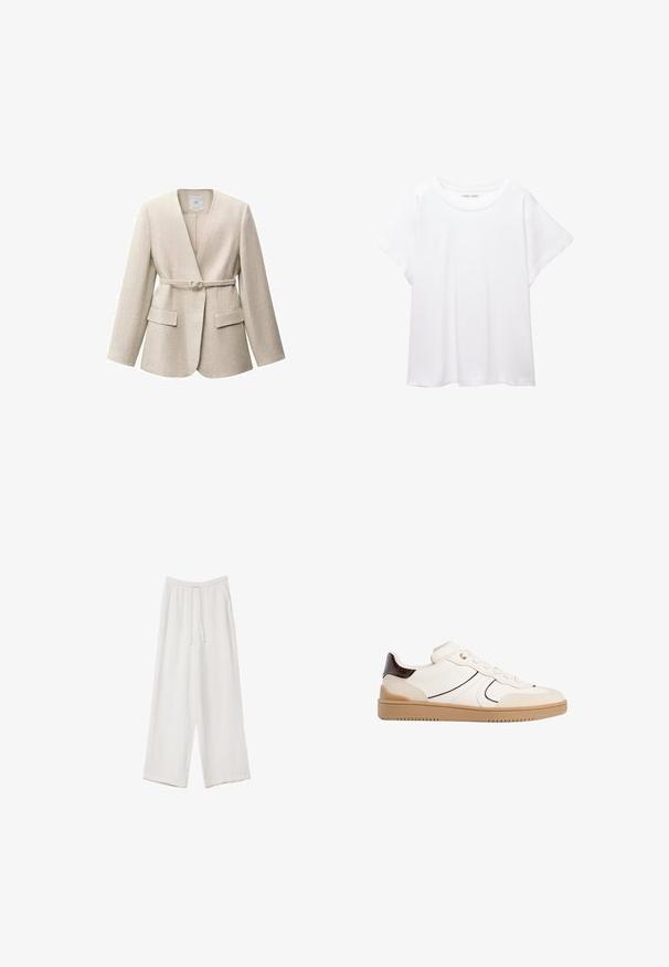 Beige liinavelu särk, millel on pikad varrukad, mähisev disain, üks nupuvajutus ja kaks eesmist taskut. Sile tekstuur ja minimalistlik stiil.; Valkoinen T-paita, joka on valmistettu pehmeästä ja kevyestä kankaasta. Omistaa pyöreän kaula-aukon ja lyhyet, leveät hihat rentoa istuvuutta varten. Ei näkyviä kuvioita.; Valkoiset leveälahkeiset housut kevyestä kankaasta. Ominaisuuksiin kuuluu elastinen vyötärö, jossa on nauhakuuluma ja sivutaskut. Sileä rakenne.; Stradivarius Matalavartiset tennarit - white